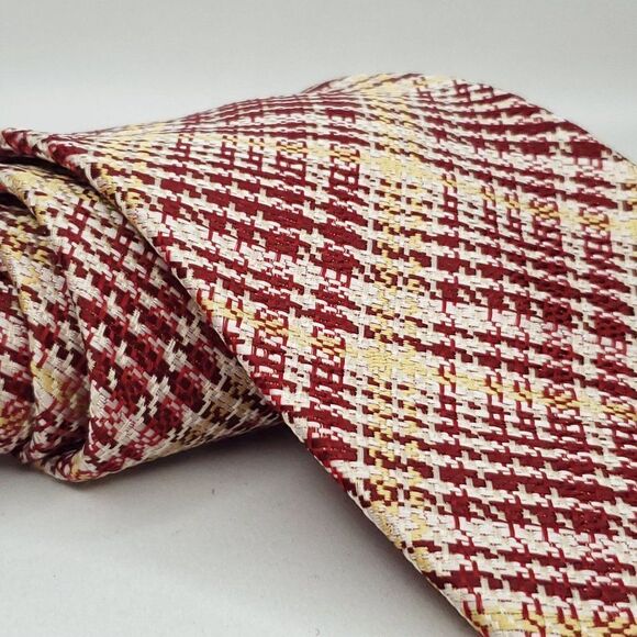 Vintage 70s Wembley Mens Wide Necktie Textured Plaid Stripe Tie Burgundy Red - Picture 2 of 3